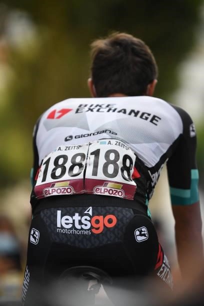 Detailed view of Andrey Zeits of Kazahkstan and Team BikeExchange prepares for the race prior to the 76th Tour of Spain 2021, Stage 19 a 191,2 km...