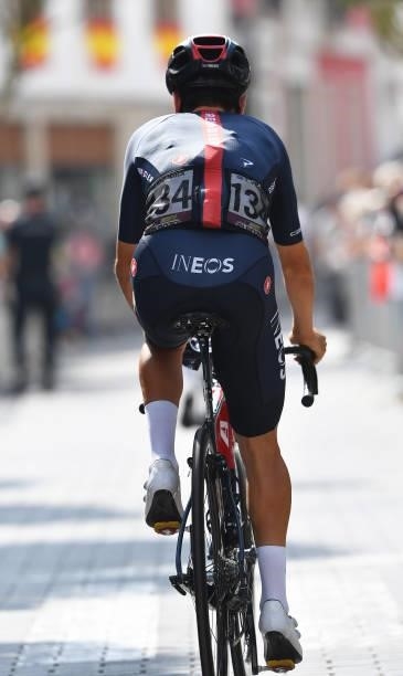 Detailed view of Thomas Pidcock of United Kingdom and Team INEOS Grenadiers prepares for the race prior to the 76th Tour of Spain 2021, Stage 19 a...