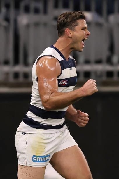 Tom Hawkins of the Cats celebrates kicking a goal during the AFL First Elimination Final match between Geelong Cats and Greater Western Sydney Giants...