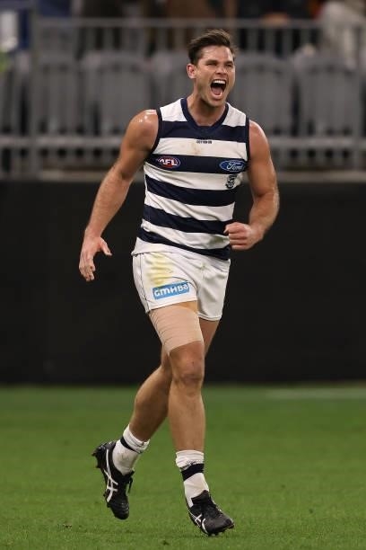 Tom Hawkins of the Cats celebrates kicking a goal during the AFL First Elimination Final match between Geelong Cats and Greater Western Sydney Giants...