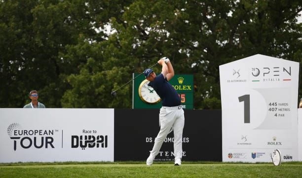 Callum Shinkwin of England tees off on the first hole during Day Two of The Italian Open at Marco Simone Golf Club on September 03, 2021 in Rome,...
