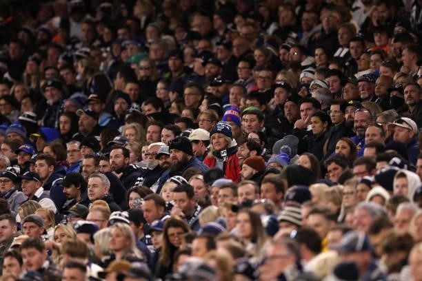 Fans watch on during the AFL First Elimination Final match between Geelong Cats and Greater Western Sydney Giants at Optus Stadium on September 03,...