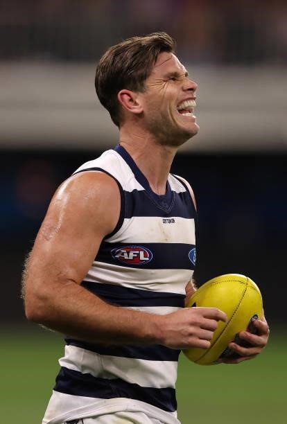 Tom Hawkins of the Cats grimaces during the AFL First Elimination Final match between Geelong Cats and Greater Western Sydney Giants at Optus Stadium...