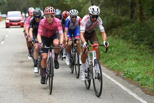 Lawson Craddock of United States and Team EF Education - Nippo and Mickaël Cherel of France and AG2R Citröen Team compete in the breakaway during the...