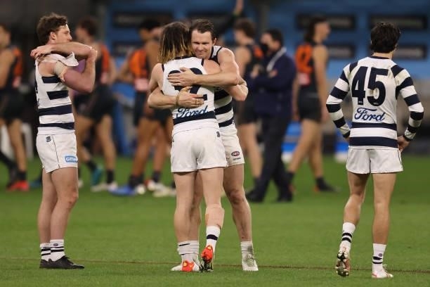 Patrick Dangerfield and Gryan Miers of the Cats celebrate winning the AFL First Elimination Final match between Geelong Cats and Greater Western...