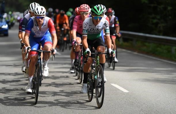 Arnaud Demare of France and Team Groupama - FDJ and Julen Amezqueta Moreno of Spain and Team Caja Rural-Seguros RGA compete in the breakaway during...