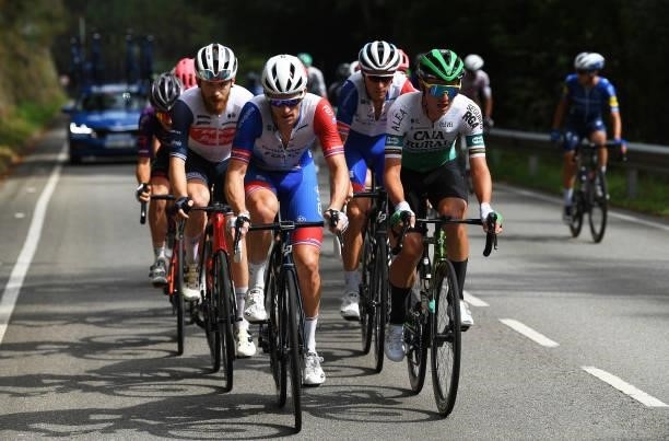 Arnaud Demare of France and Team Groupama - FDJ and Julen Amezqueta Moreno of Spain and Team Caja Rural-Seguros RGA compete in the breakaway during...