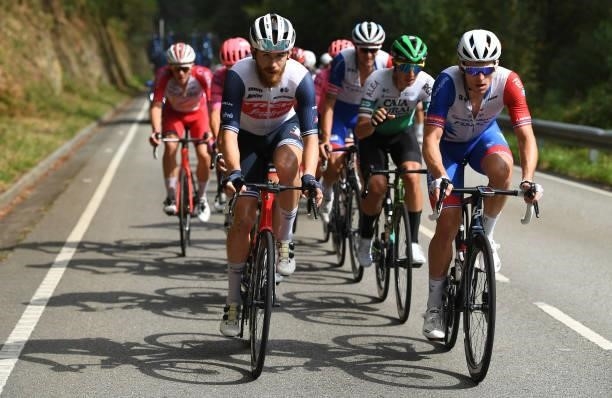 Quinn Simmons of United States and Team Trek - Segafredo and Arnaud Demare of France and Team Groupama - FDJ compete in the breakaway during the 76th...
