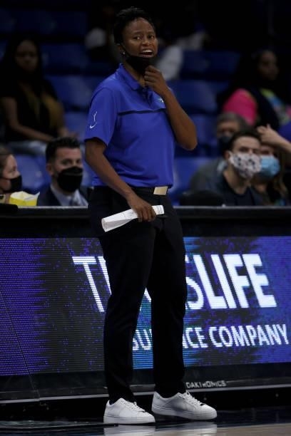 Head coach Vickie Johnson of the Dallas Wings leads the Wings against the Atlanta Dream at College Park Center on September 02, 2021 in Arlington,...