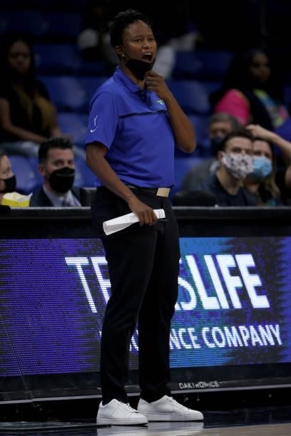 Head coach Vickie Johnson of the Dallas Wings leads the Wings against the Atlanta Dream at College Park Center on September 02, 2021 in Arlington,...