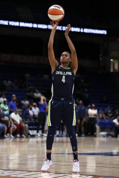 Guard Moriah Jefferson of the Dallas Wings shoots a free throw against the Atlanta Dream in the second half at College Park Center on September 02,...