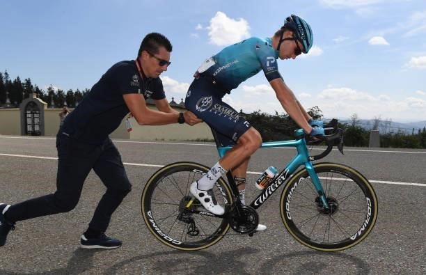 Aleksander Vlasov of Russia and Team Astana – Premier Tech suffers a mechanical problem during the 76th Tour of Spain 2021, Stage 19 a 191,2 km stage...