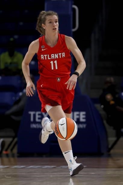 Blake Dietrick of the Atlanta Dream dribbles the ball down court against the Dallas Wings in the first half at College Park Center on September 02,...