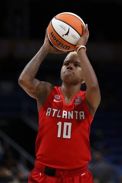 Guard Courtney Williams of the Atlanta Dream shoots a free throw against the Dallas Wings in the first half at College Park Center on September 02,...