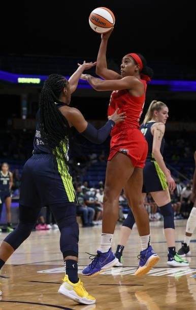 Forward Monique Billings of the Atlanta Dream shoots the ball against forward Kayla Thornton of the Dallas Wings in the first half at College Park...