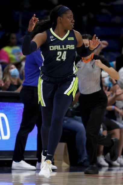 Guard Arike Ogunbowale of the Dallas Wings reacts after scoring against the Atlanta Dream in the first half at College Park Center on September 02,...