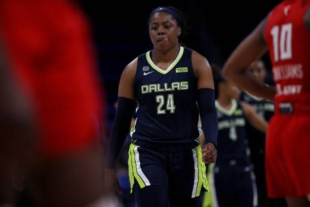 Guard Arike Ogunbowale of the Dallas Wings reacts against the Atlanta Dream in the second half at College Park Center on September 02, 2021 in...