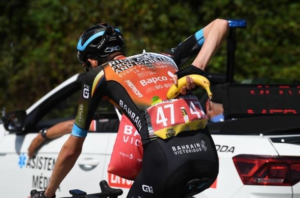 Banana food & BIB number detail view of Wouter Poels of Netherlands and Team Bahrain Victorious in feed zone during the 76th Tour of Spain 2021,...