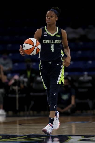 Guard Moriah Jefferson of the Dallas Wings dribbles the ball down court against the Atlanta Dream in the second half at College Park Center on...