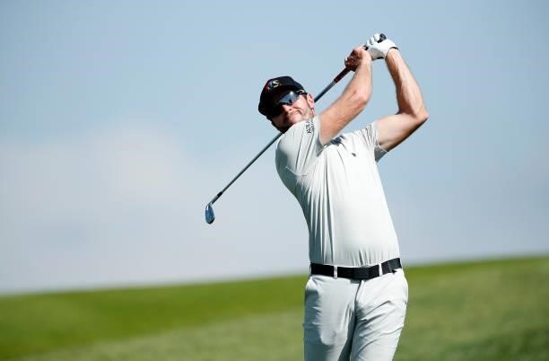 Kalle Samooja of Finland plays his second shot on the 18th hole during Day Two of The Italian Open at Marco Simone Golf Club on September 03, 2021 in...