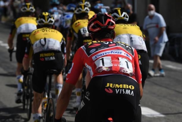 Detailed view of Primoz Roglic of Slovenia and Team Jumbo - Visma red leader jersey competes during the 76th Tour of Spain 2021, Stage 19 a 191,2 km...