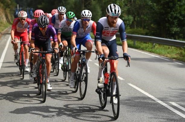 Pelayo Sanchez Mayo of Spain and Team Burgos - BH, Arnaud Demare of France and Team Groupama - FDJ and Quinn Simmons of United States and Team Trek -...