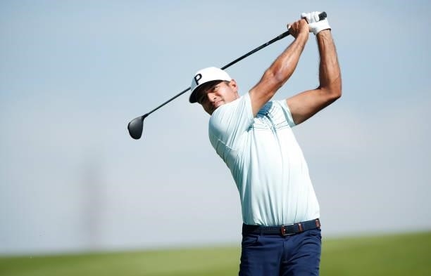 Julian Suri of the USA plays his second shot on the 18th hole during Day Two of The Italian Open at Marco Simone Golf Club on September 03, 2021 in...