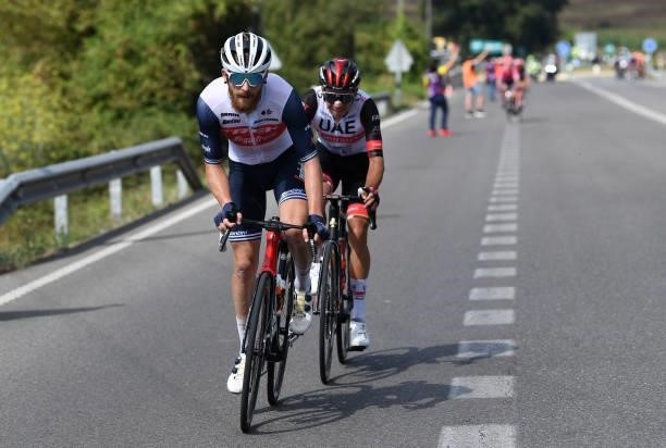 Quinn Simmons of United States and Team Trek - Segafredo and Rui Oliveira of Portugal and UAE Team Emirates compete in the breakaway during the 76th...