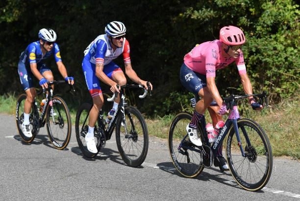 Andrea Bagioli of Italy and Team Deceuninck - Quick-Step, Anthony Roux of France and Team Groupama - FDJ and Magnus Cort Nielsen of Denmark and Team...