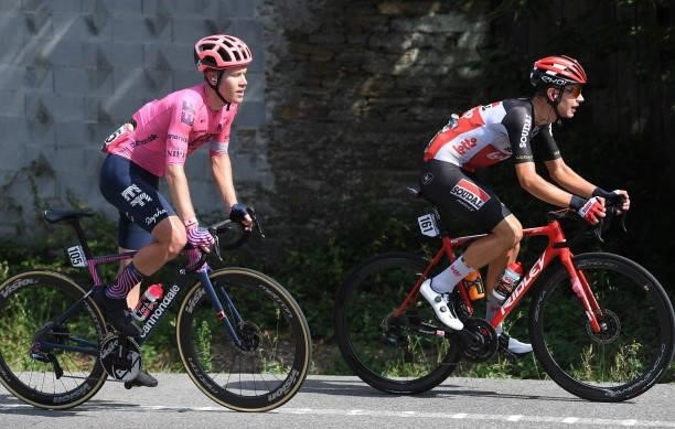 Lawson Craddock of United States and Team EF Education - Nippo and Andreas Lorentz Kron of Denmark and Team Lotto Soudal compete in the breakaway...