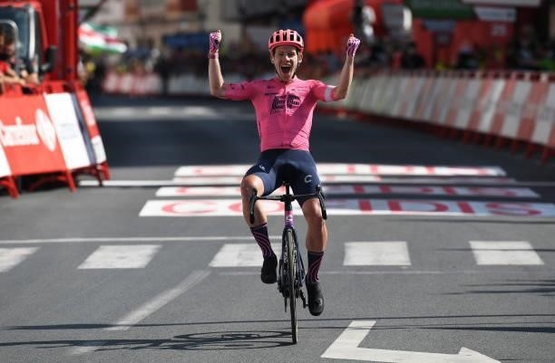 Lawson Craddock of United States and Team EF Education - Nippo celebrates the victory of his teammate Magnus Cort Nielsen of Denmark during the 76th...