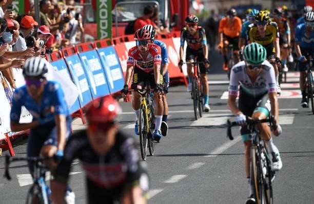 Primoz Roglic of Slovenia and Team Jumbo - Visma red leader jersey crosses the finishing line during the 76th Tour of Spain 2021, Stage 19 a 191,2 km...
