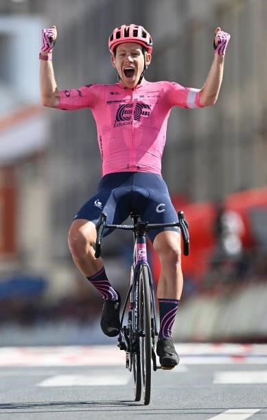Lawson Craddock of United States and Team EF Education - Nippo celebrates the victory of his teammate Magnus Cort Nielsen of Denmark during the 76th...