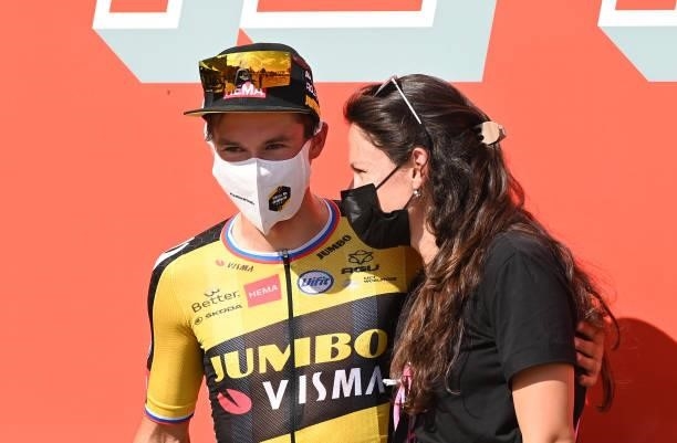 Primoz Roglic of Slovenia and Team Jumbo - Visma celebrates with his wife Lora Klinc after the 76th Tour of Spain 2021, Stage 19 a 191,2 km stage...