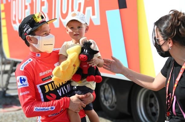 Primoz Roglic of Slovenia and Team Jumbo - Visma red leader jersey celebrates with his son Levom after the 76th Tour of Spain 2021, Stage 19 a 191,2...