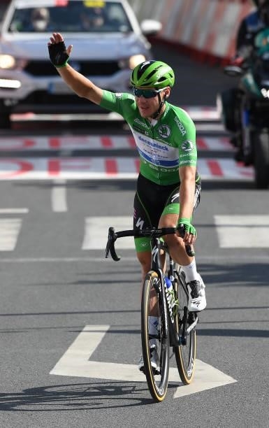 Fabio Jakobsen of Netherlands and Team Deceuninck - Quick-Step green points jersey celebrates after crosses the finish line during the 76th Tour of...