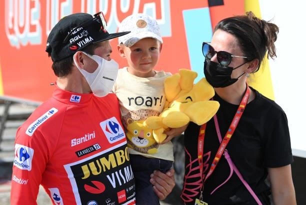 Primoz Roglic of Slovenia and Team Jumbo - Visma red leader jersey celebrates with his wife Lora Klinc and son Levom after the 76th Tour of Spain...