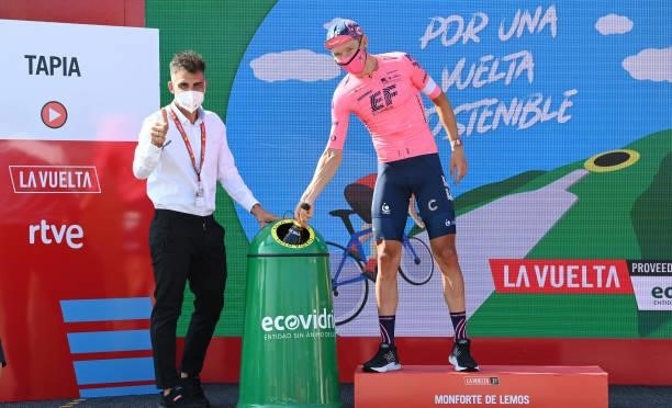 Oscar Pereiro of Spain Ex Pro-cyclist winner of the Tour of France 2006 and Magnus Cort Nielsen of Denmark and Team EF Education - Nippo celebrates...