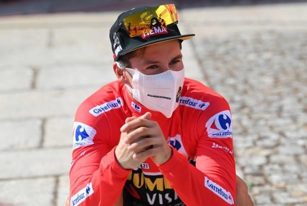 Primoz Roglic of Slovenia and Team Jumbo - Visma red leader jersey celebrates after the 76th Tour of Spain 2021, Stage 19 a 191,2 km stage from Tapia...