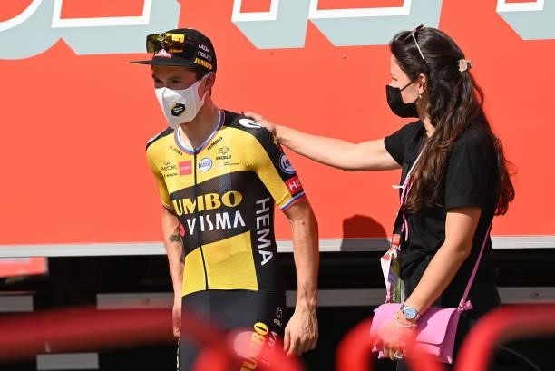 Primoz Roglic of Slovenia and Team Jumbo - Visma celebrates with his wife Lora Klinc after the 76th Tour of Spain 2021, Stage 19 a 191,2 km stage...