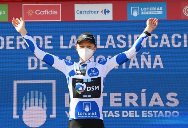 Michael Storer of Australia and Team DSM celebrates winning the polka dot mountain jersey on the podium ceremony after the 76th Tour of Spain 2021,...