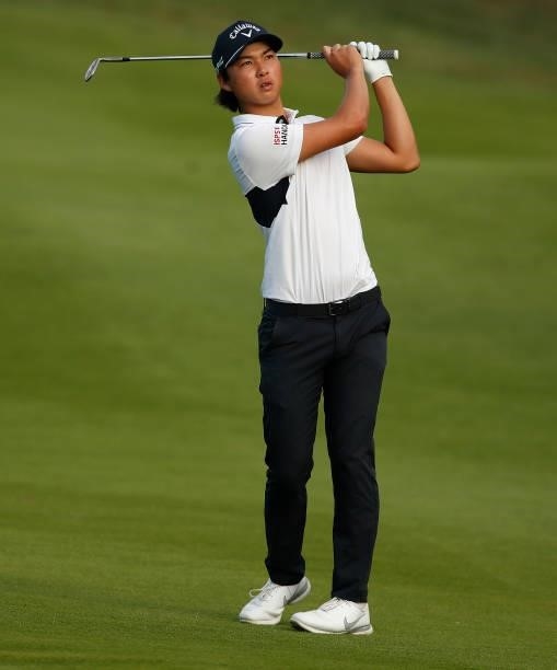 Min Woo Lee of Australia plays his third shot on the 18th hole during Day Two of The Italian Open at Marco Simone Golf Club on September 03, 2021 in...