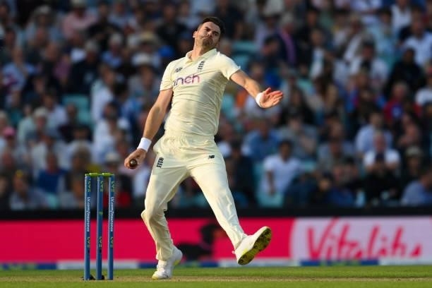 Jimmy Anderson of England in action during the Fourth LV= Insurance Test Match: Day Two between England and India at The Kia Oval on September 03,...