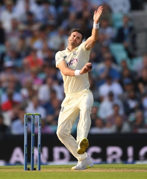 James Anderson of England bowls during day two of the 4th LV= Test Match between England and India at The Kia Oval on September 03, 2021 in London,...