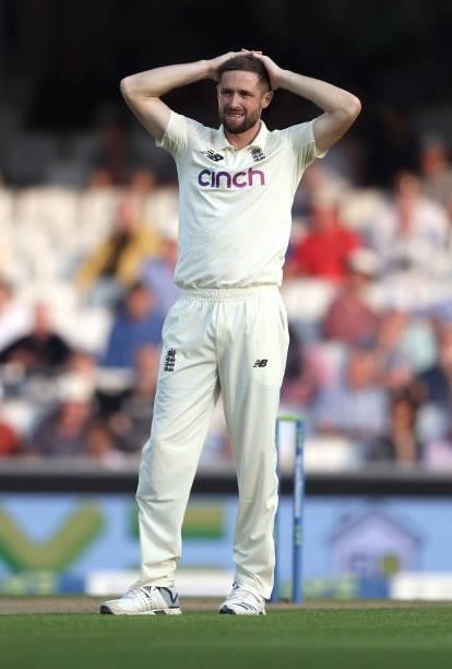 Chris Woakes of England reacts during day two of the fourth LV= Insurance Test match between England and India at The Kia Oval on September 03, 2021...