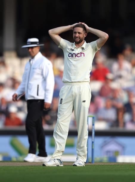 Chris Woakes of England reacts during day two of the fourth LV= Insurance Test match between England and India at The Kia Oval on September 03, 2021...