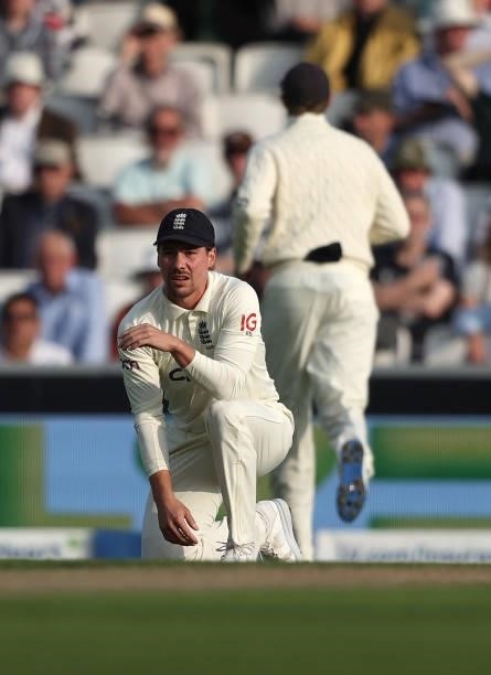 Rory Burns of England reacts after a missed catch chance during day two of the fourth LV= Insurance Test match between England and India at The Kia...