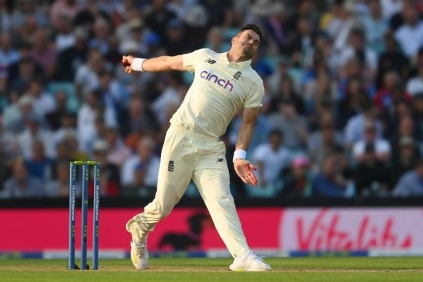 Jimmy Anderson of England in action during the Fourth LV= Insurance Test Match: Day Two between England and India at The Kia Oval on September 03,...