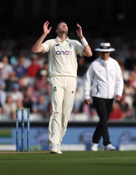 Ollie Robinson of England reacts during day two of the fourth LV= Insurance Test match between England and India at The Kia Oval on September 03,...