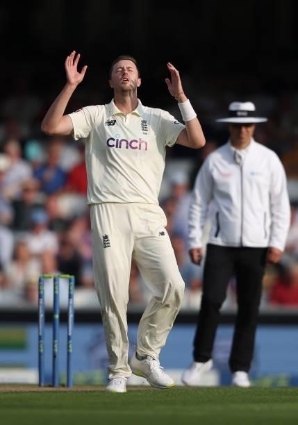 Ollie Robinson of England reacts during day two of the fourth LV= Insurance Test match between England and India at The Kia Oval on September 03,...